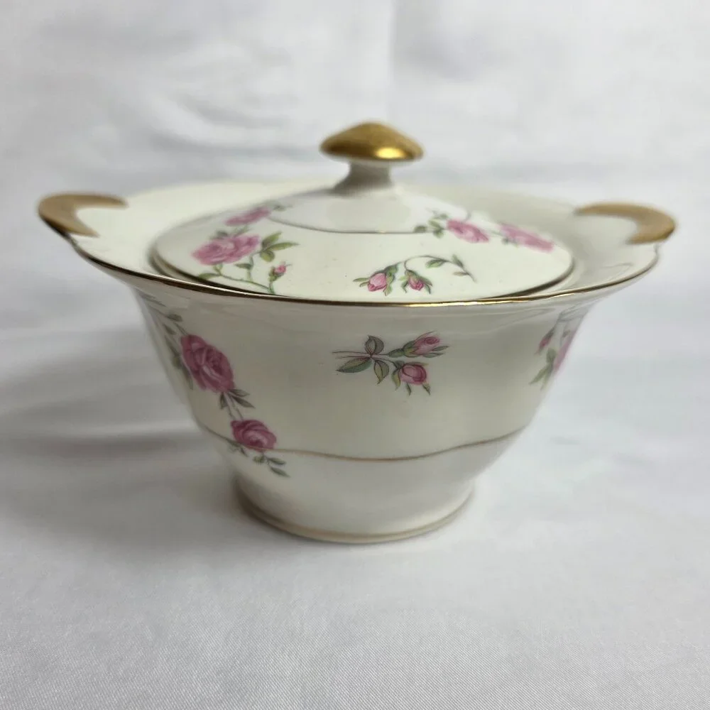 Theodore Haviland Delaware (New York) Sugar Bowl with Lid Ivory with Pink Roses